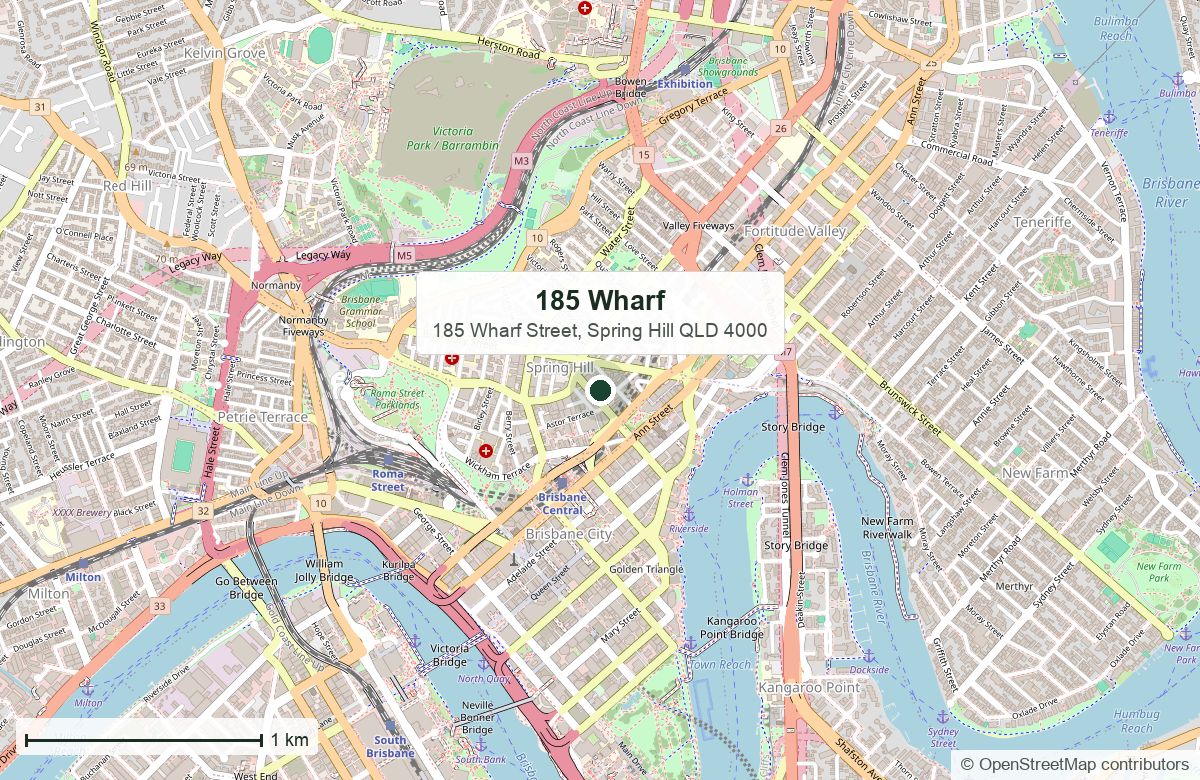 Location: 185 Wharf, 185 Wharf Street, Spring Hill — map data © OpenStreetMap contributors