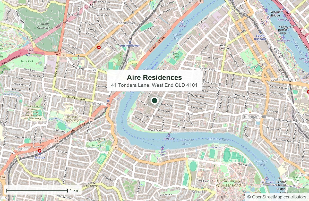 Location: Aire Residences, The Lanes, Tondara Lane, West End — map data © OpenStreetMap contributors