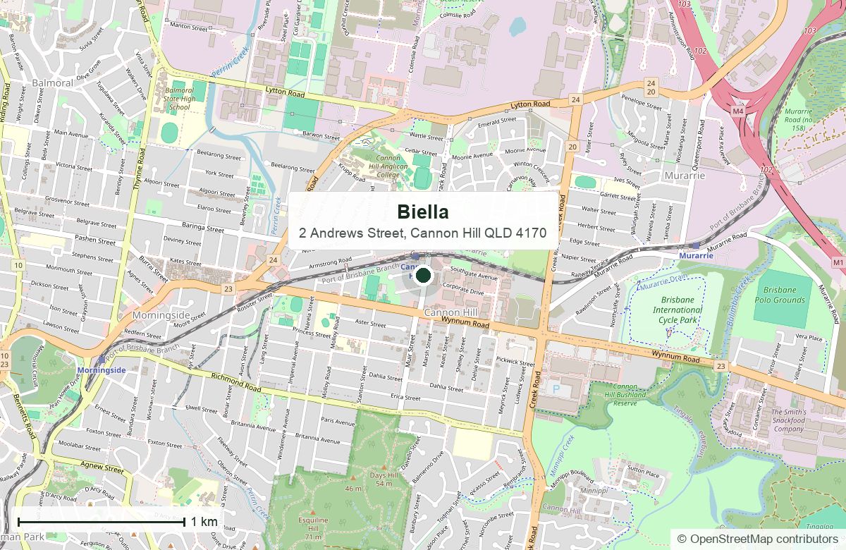 Location: Biella, 2 Andrews Street, Cannon Hill | OpenStreetMap base map, © OpenStreetMap contributors