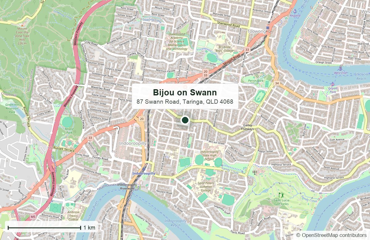 Location: Bijou on Swann, 87 Swann Road, Taringa | OpenStreetMap base map, © OpenStreetMap contributors