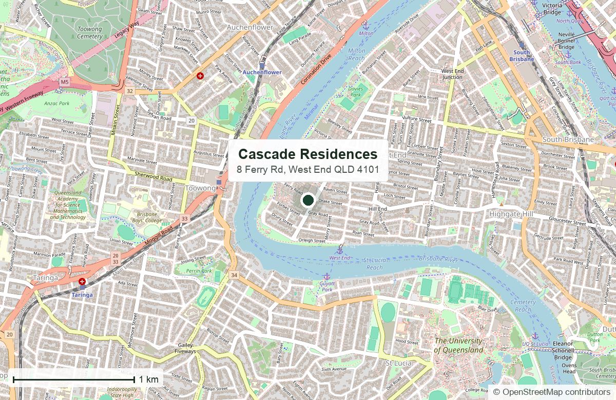 Location: Cascade Residences, The Lanes, West End — map data © OpenStreetMap contributors