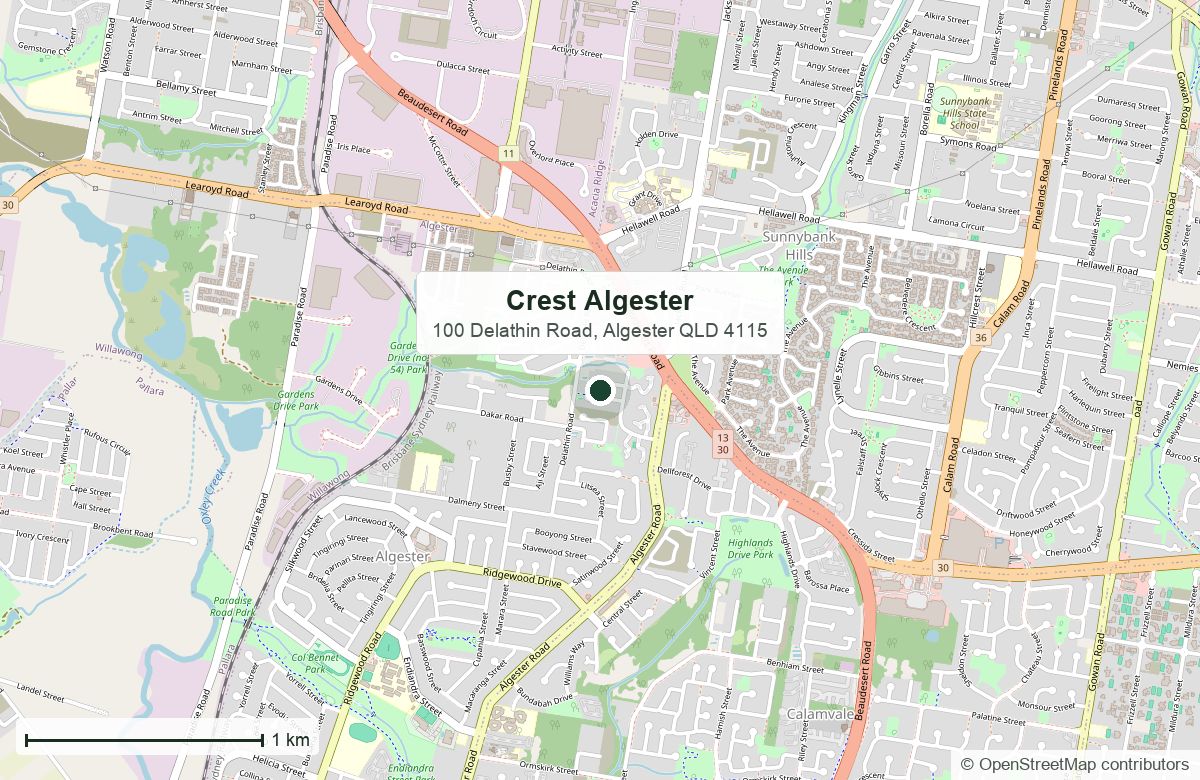 Location: Crest, 100 Delathin Road, Algester | OpenStreetMap base map, © OpenStreetMap contributors