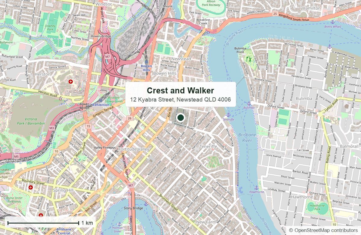 Location: Crest & Walker, 12 Kyabra Street, Newstead — map data © OpenStreetMap contributors