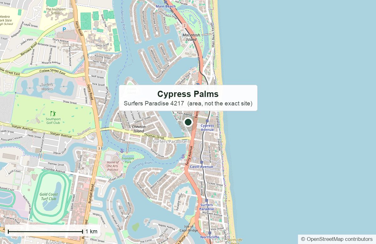 Location: Cypress Palms, 3–7 Cypress Avenue, Surfers Paradise — map data © OpenStreetMap contributors