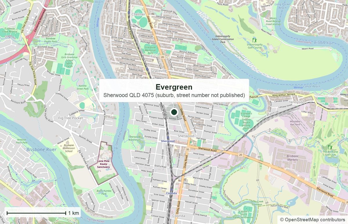 Location: Evergreen, Sherwood — the street number is not published, so the pin marks the suburb; map data © OpenStreetMap contributors