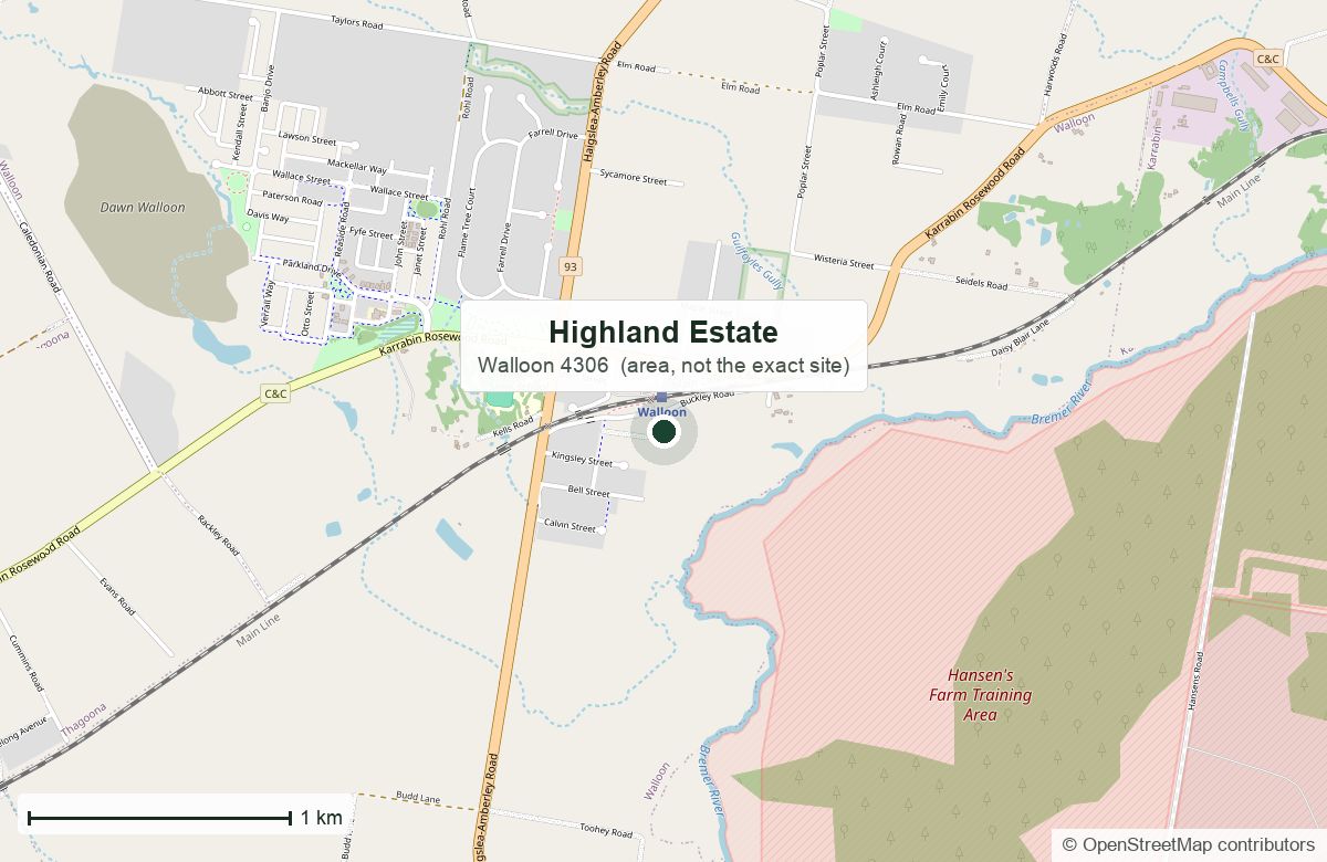 Location: Highland Estate, Walloon | OpenStreetMap base map, © OpenStreetMap contributors