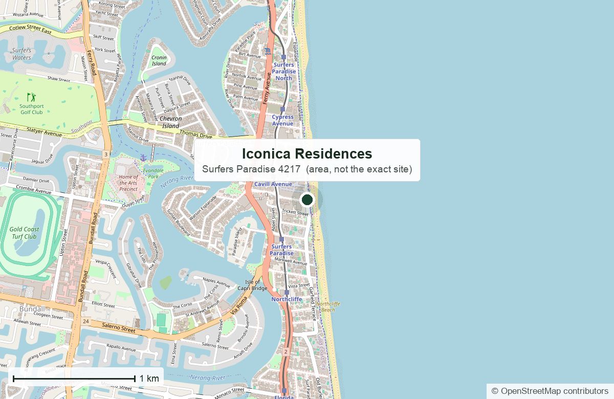 Location: Iconica Residences, 152 The Esplanade, Surfers Paradise — map data © OpenStreetMap contributors