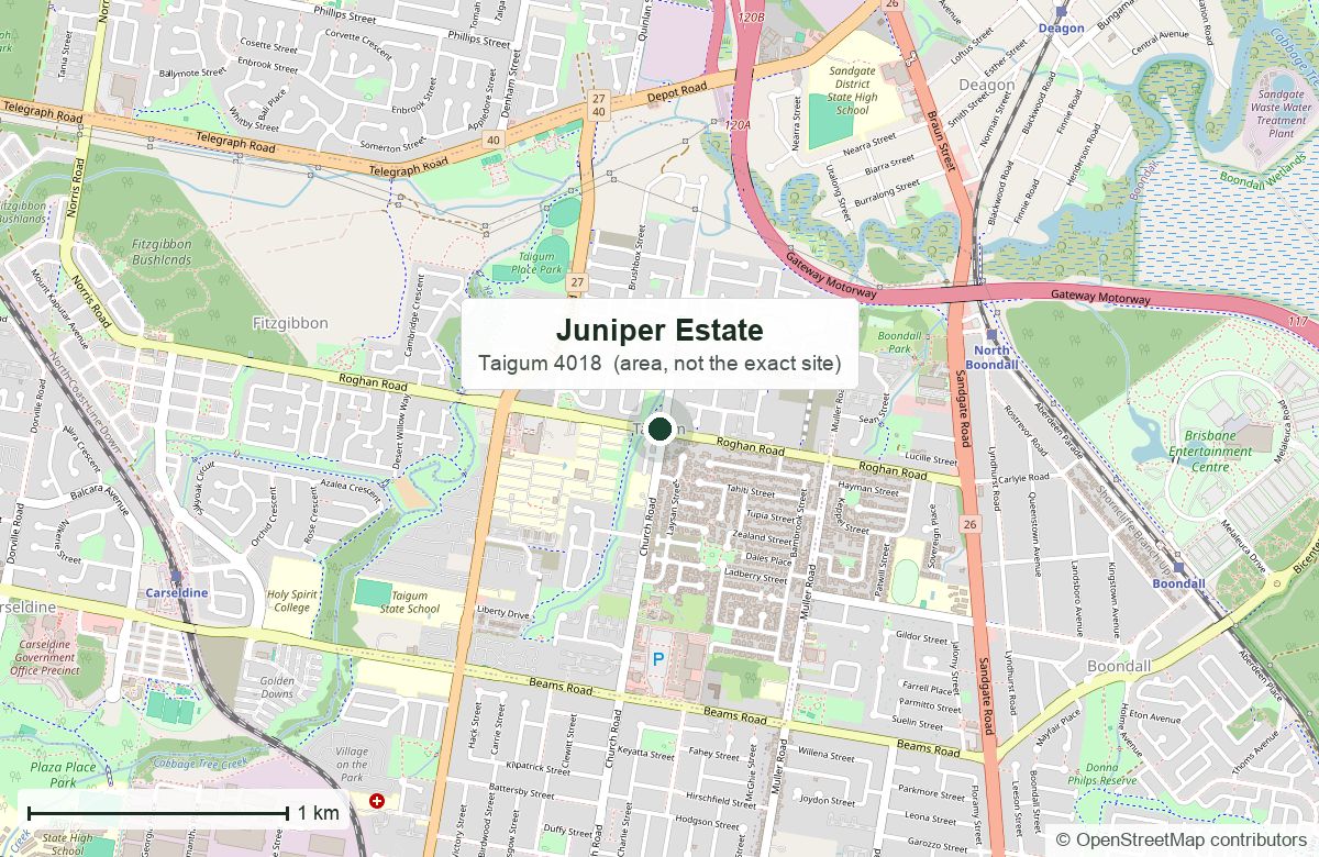 Location: Juniper Estate, Taigum | OpenStreetMap base map, © OpenStreetMap contributors