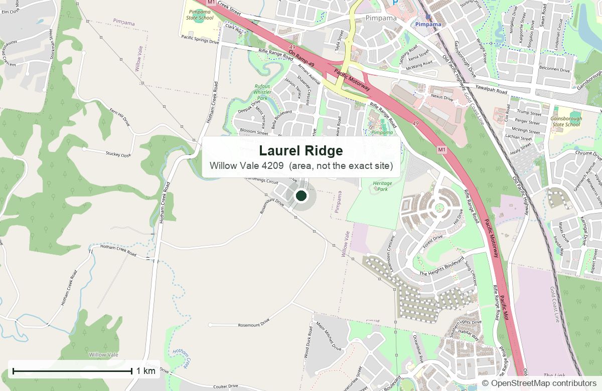 Location: Laurel Ridge, corner of Waverley Drive and Rosemount Drive, Willow Vale | OpenStreetMap base map, © OpenStreetMap contributors