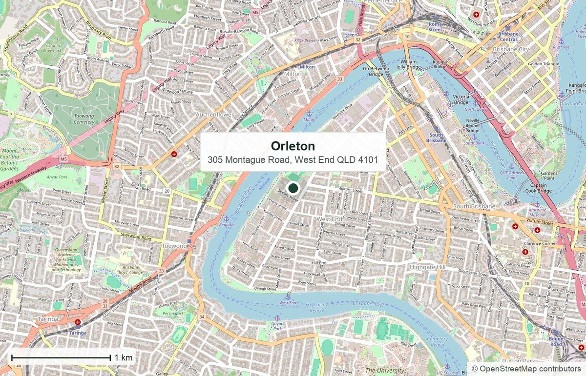 区位：Orleton，305 Montague Road, West End｜地图数据 © OpenStreetMap 贡献者