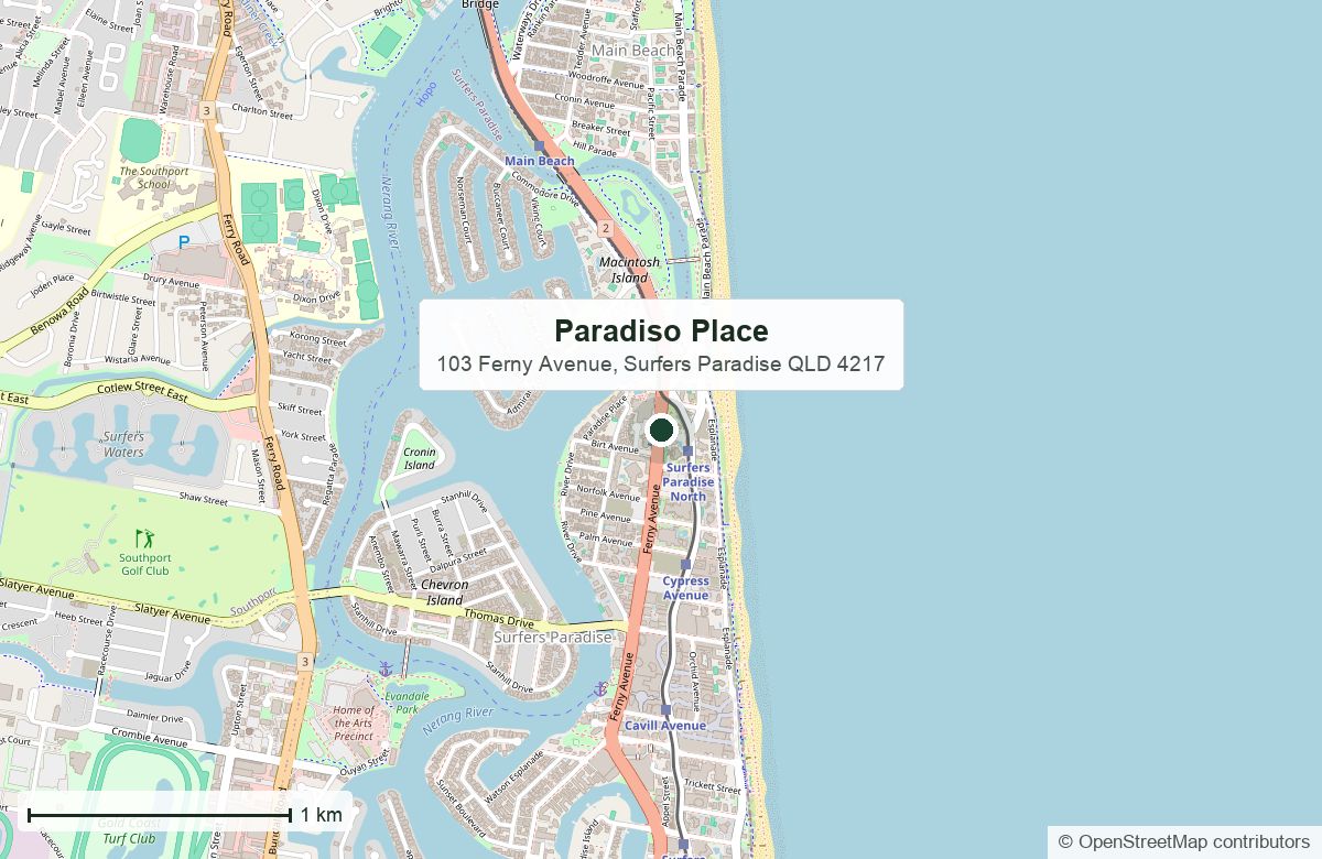 Location: Paradiso Place Tower 1, 103 Ferny Avenue, Surfers Paradise | OpenStreetMap base map, © OpenStreetMap contributors