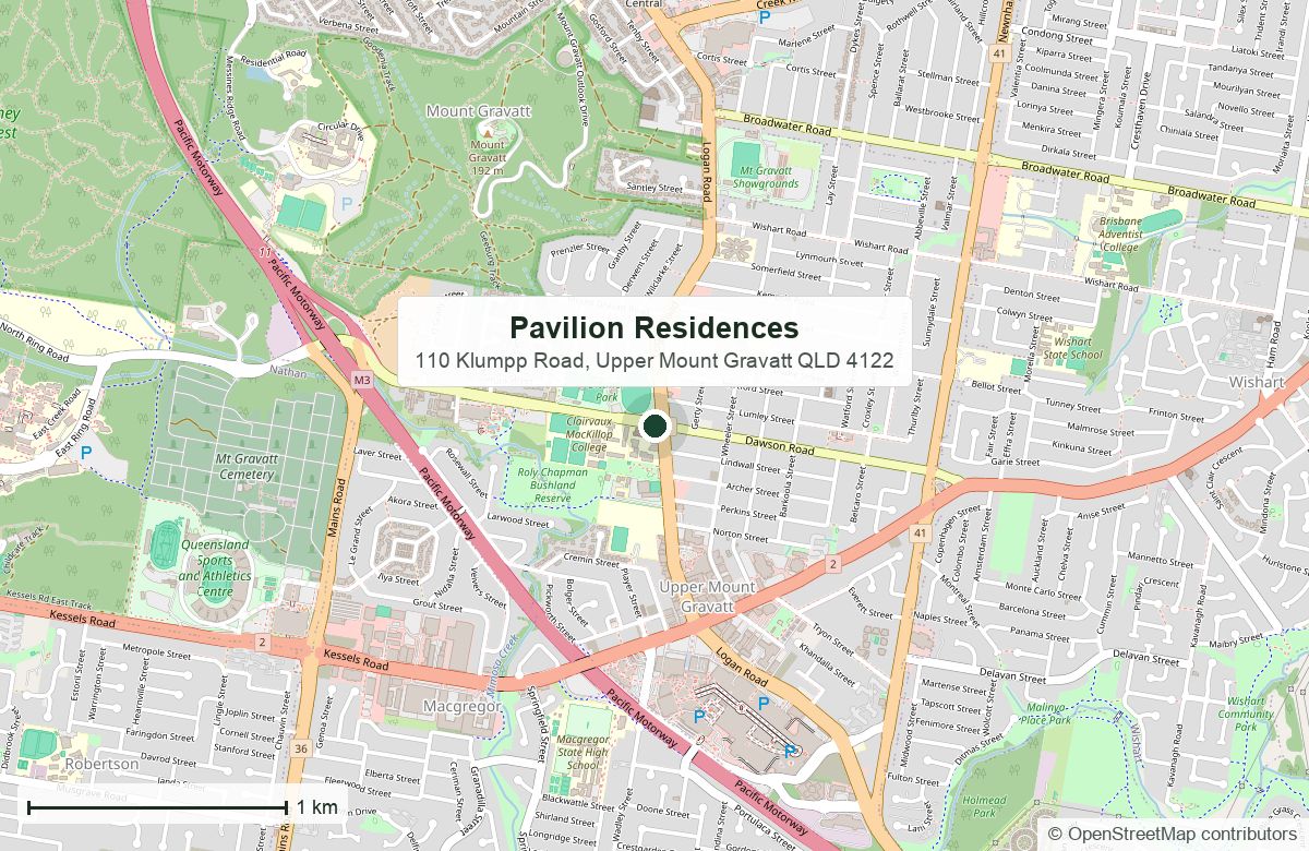Location: Pavilion Residences, Upper Mount Gravatt | OpenStreetMap base map, © OpenStreetMap contributors