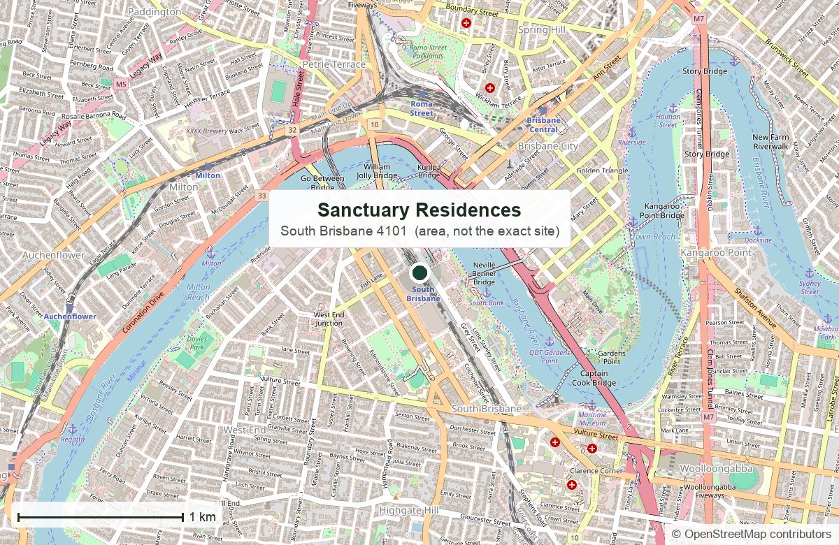 Location: Sanctuary Residences, 164 Melbourne Street, South Brisbane | OpenStreetMap base map, © OpenStreetMap contributors