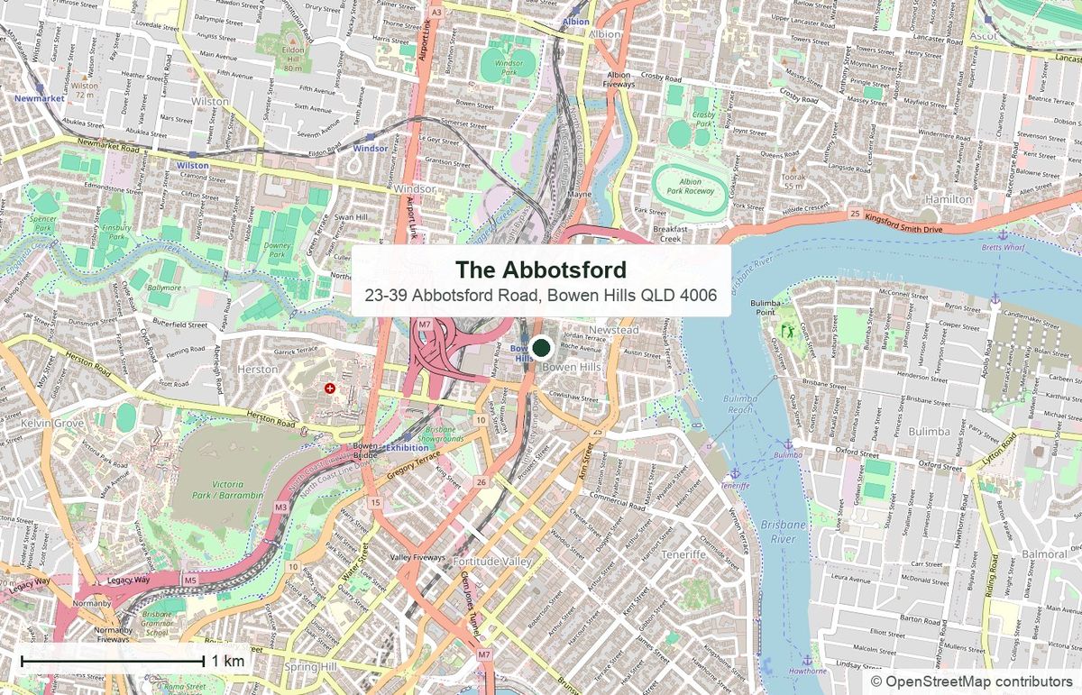 Location: The Abbotsford, 23–39 Abbotsford Road, Bowen Hills — map data © OpenStreetMap contributors