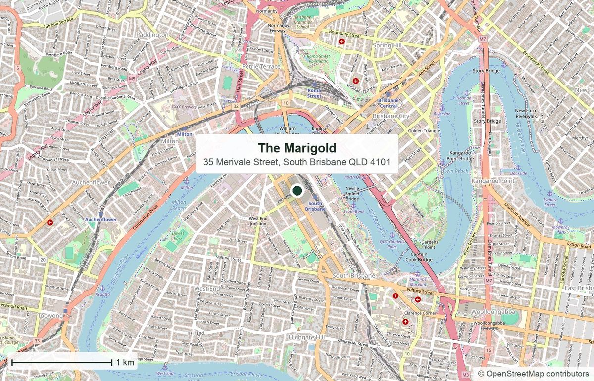 Location: The Marigold, 35 Merivale Street, South Brisbane — map data © OpenStreetMap contributors