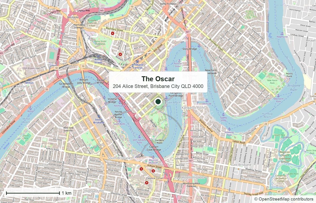Location: The Oscar, 204 Alice Street, Brisbane City — map data © OpenStreetMap contributors