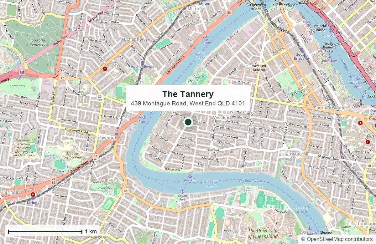 Location: The Tannery, 439 Montague Road, West End | OpenStreetMap base map, © OpenStreetMap contributors