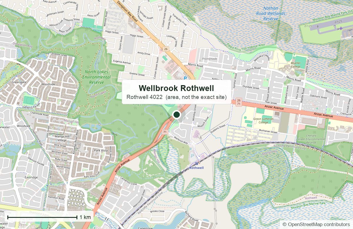 Location: Wellbrook, Anzac Avenue, Rothwell | OpenStreetMap base map, © OpenStreetMap contributors