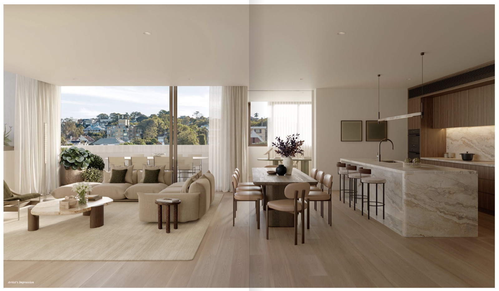 Interior — living, dining and the stone island kitchen